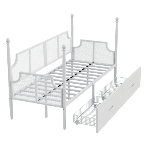 Sofá-cama 90x200 - Encosto em malha, braços estilo vintage, estrutura metálica com compartimentos - Branco