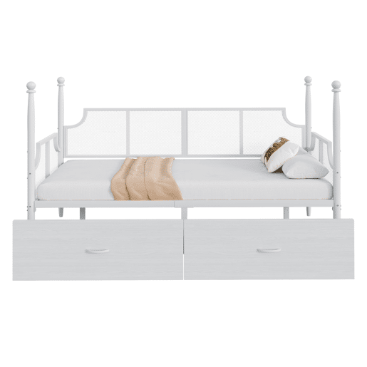 Sofá-cama 90x200 - Encosto em malha, braços estilo vintage, estrutura metálica com compartimentos - Branco