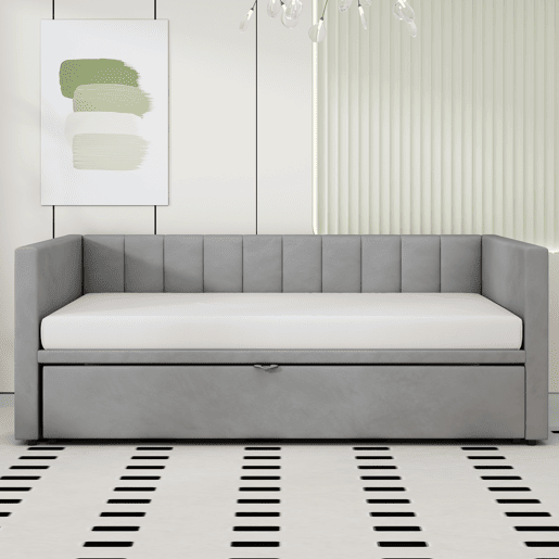 Sofá-cama 90180x200 cm - Com base de ripas, multifuncional, tecido de veludo cinzento