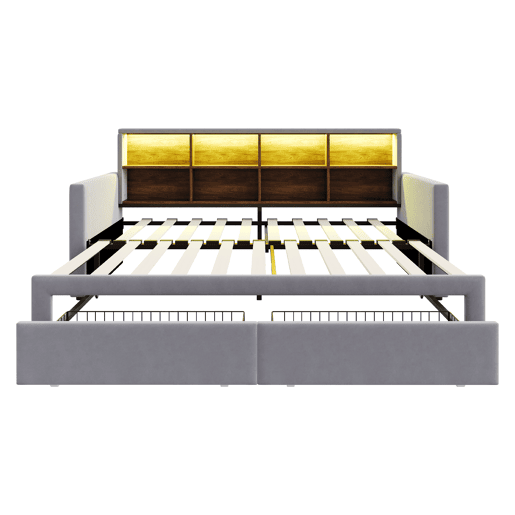 Sofá-cama extensível 90180x190 cm - Cabeceira com arrumação, LED e tomadas, 2 gavetas - Cinza claro