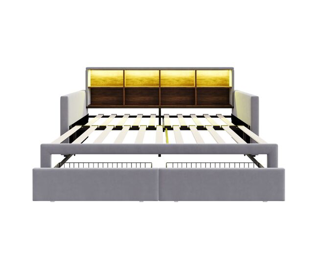 Sofá cama extensible 90/180x190 cm - cabecero con almacenamiento, led y enchufes, 2 cajones - gris claro