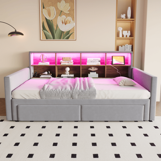 Sofá-cama extensível 90180x190 cm - Cabeceira com arrumação, LED e tomadas, 2 gavetas - Cinza claro
