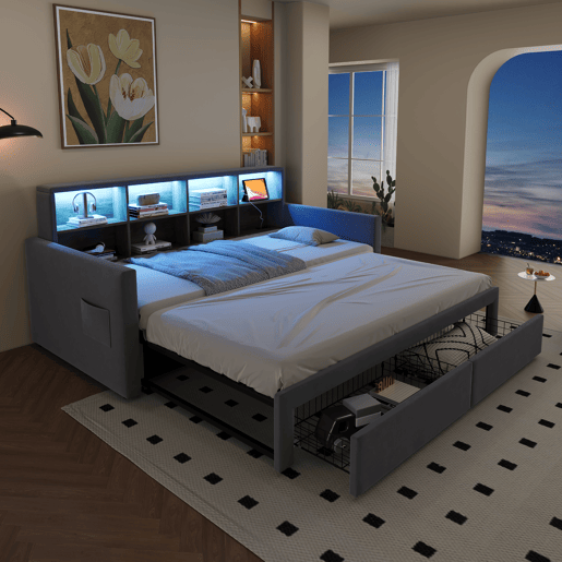 Sofá-cama extensível 90180x190 cm - Cabeceira com arrumação, LED e tomadas, 2 gavetas - Cinza claro