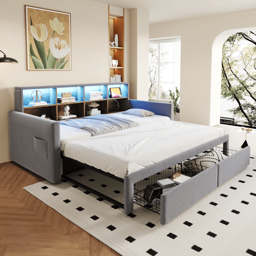 Sofá-cama extensível 90180x190 cm - Cabeceira com arrumação, LED e tomadas, 2 gavetas - Cinza claro