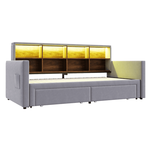 Sofá-cama extensível 90180x190 cm - Cabeceira com arrumação, LED e tomadas, 2 gavetas - Cinza claro