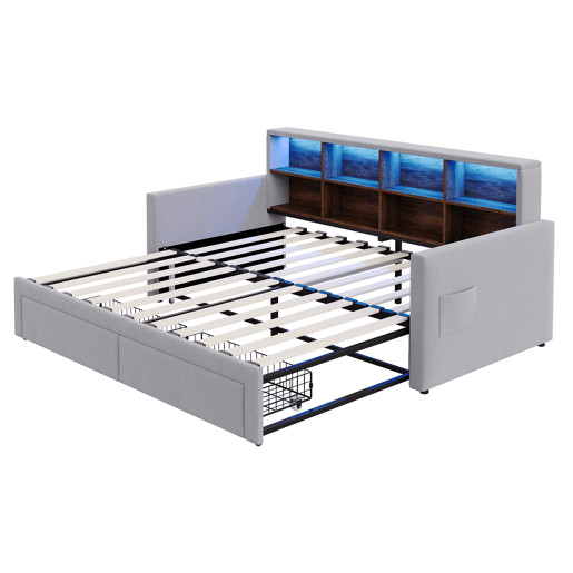 Sofá-cama extensível 90180x190 cm - Cabeceira com arrumação, LED e tomadas, 2 gavetas - Cinza claro