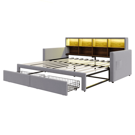 Sofá-cama extensível 90180x190 cm - Cabeceira com arrumação, LED e tomadas, 2 gavetas - Cinza claro