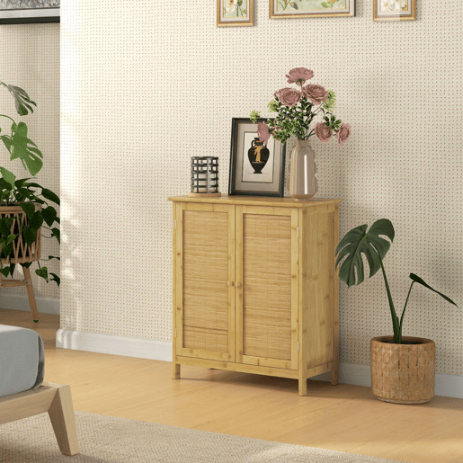 HOMCOM Aparador de Bambu de 2 Portas Aparador Boémio com 2 Prateleiras para Sala Cozinha Entrada ou Quarto 60x27x67,5 cm Madeira