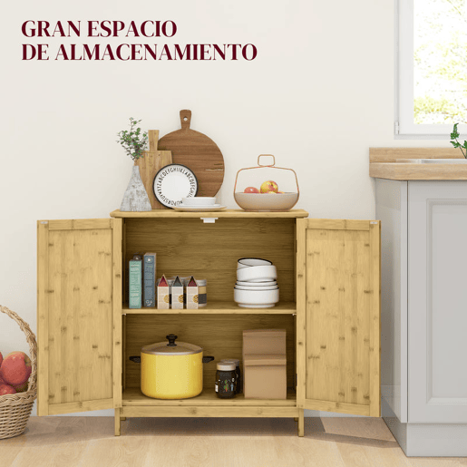 HOMCOM Aparador de Bambu de 2 Portas Aparador Boémio com 2 Prateleiras para Sala Cozinha Entrada ou Quarto 60x27x67,5 cm Madeira