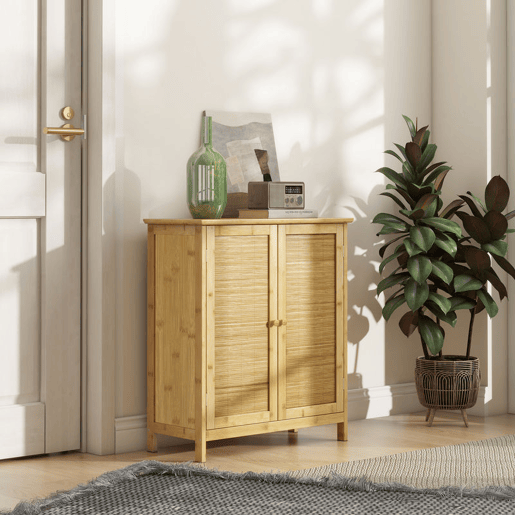 HOMCOM Aparador de Bambu de 2 Portas Aparador Boémio com 2 Prateleiras para Sala Cozinha Entrada ou Quarto 60x27x67,5 cm Madeira