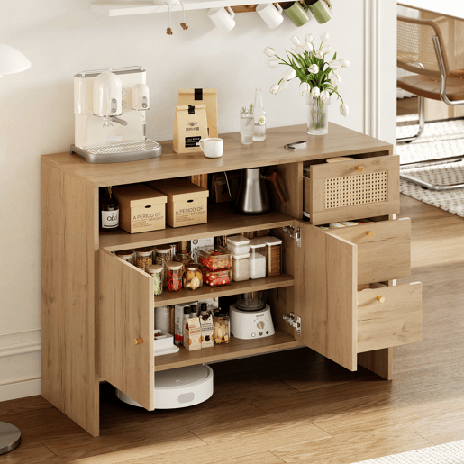 Aparador 105x40x76 cm - 2 portas, 3 gavetas, rattan e puxadores dourados - cor natural