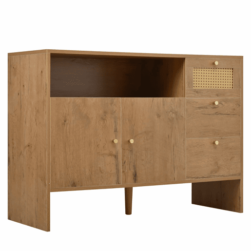 Aparador 105x40x76 cm - 2 portas, 3 gavetas, rattan e puxadores dourados - cor natural