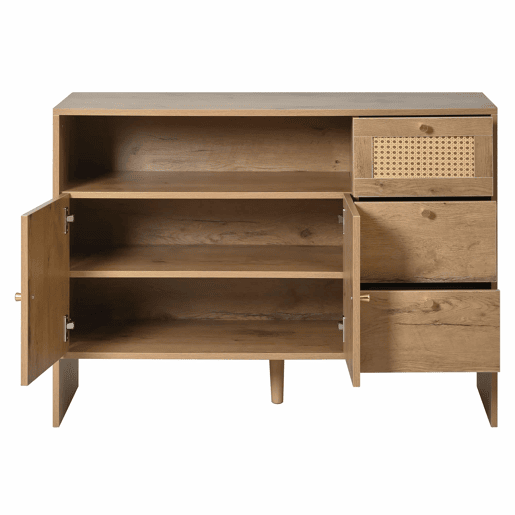 Aparador 105x40x76 cm - 2 portas, 3 gavetas, rattan e puxadores dourados - cor natural