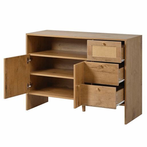 Aparador 105x40x76 cm - 2 portas, 3 gavetas, rattan e puxadores dourados - cor natural