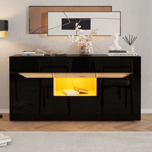 Aparador de sala 140 x 40 x 70 cm - 4 gavetas, armário com 2 compartimentos, design sem puxadores, acabamento de alto brilho com iluminação LED - preto e madeira Aparador de sala 140 x 40 x 70 cm - 4 gavetas, armário com 2 compartimentos, design sem puxadores, acabamento de alto brilho com iluminação LED - preto e madeira