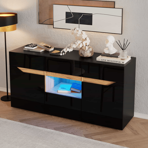 Aparador de sala 140 x 40 x 70 cm - 4 gavetas, armário com 2 compartimentos, design sem puxadores, acabamento de alto brilho com iluminação LED - preto e madeira Aparador de sala 140 x 40 x 70 cm - 4 gavetas, armário com 2 compartimentos, design sem puxadores, acabamento de alto brilho com iluminação LED - preto e madeira