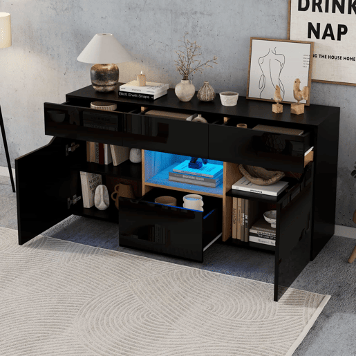 Aparador de sala 140 x 40 x 70 cm - 4 gavetas, armário com 2 compartimentos, design sem puxadores, acabamento de alto brilho com iluminação LED - preto e madeira Aparador de sala 140 x 40 x 70 cm - 4 gavetas, armário com 2 compartimentos, design sem puxadores, acabamento de alto brilho com iluminação LED - preto e madeira