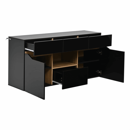 Aparador de sala 140 x 40 x 70 cm - 4 gavetas, armário com 2 compartimentos, design sem puxadores, acabamento de alto brilho com iluminação LED - preto e madeira Aparador de sala 140 x 40 x 70 cm - 4 gavetas, armário com 2 compartimentos, design sem puxadores, acabamento de alto brilho com iluminação LED - preto e madeira