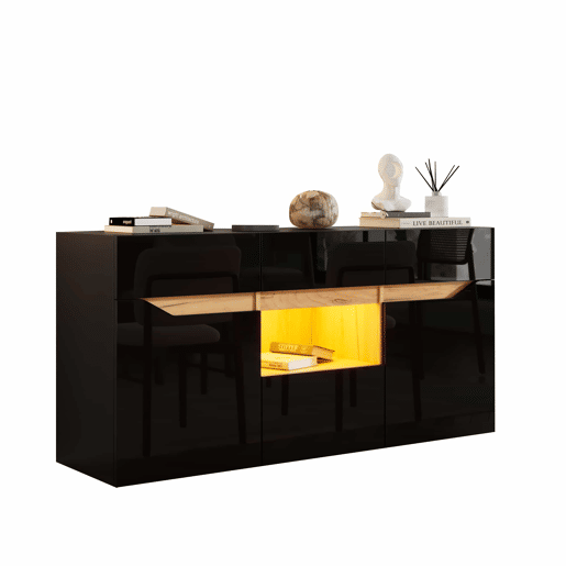 Aparador de sala 140 x 40 x 70 cm - 4 gavetas, armário com 2 compartimentos, design sem puxadores, acabamento de alto brilho com iluminação LED - preto e madeira Aparador de sala 140 x 40 x 70 cm - 4 gavetas, armário com 2 compartimentos, design sem puxadores, acabamento de alto brilho com iluminação LED - preto e madeira