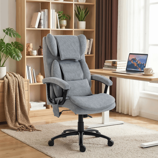 HOMCOM Cadeira de Escritório com Massagem de Amassamento em 4 Pontos, Encosto Alto, Altura Ajustável, Assento Amplo, Almofada Lombar, Balanço, Estofada em Veludo, Cinzento