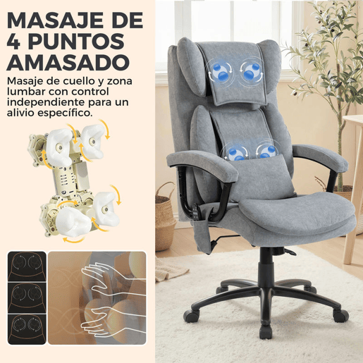 HOMCOM Cadeira de Escritório com Massagem de Amassamento em 4 Pontos, Encosto Alto, Altura Ajustável, Assento Amplo, Almofada Lombar, Balanço, Estofada em Veludo, Cinzento