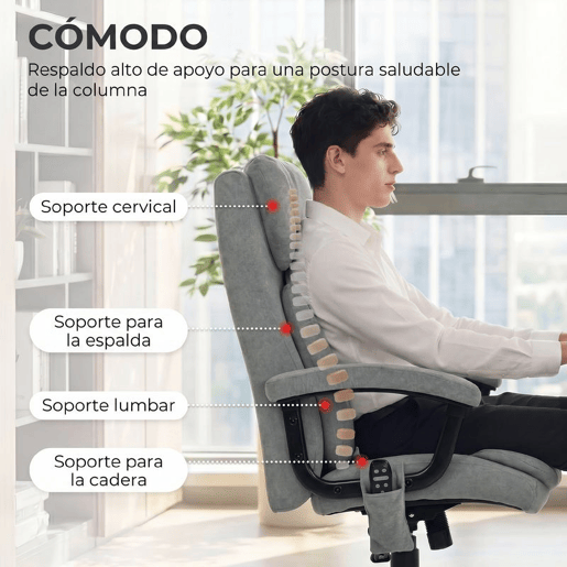 HOMCOM Cadeira de Escritório com Massagem de Amassamento em 4 Pontos, Encosto Alto, Altura Ajustável, Assento Amplo, Almofada Lombar, Balanço, Estofada em Veludo, Cinzento