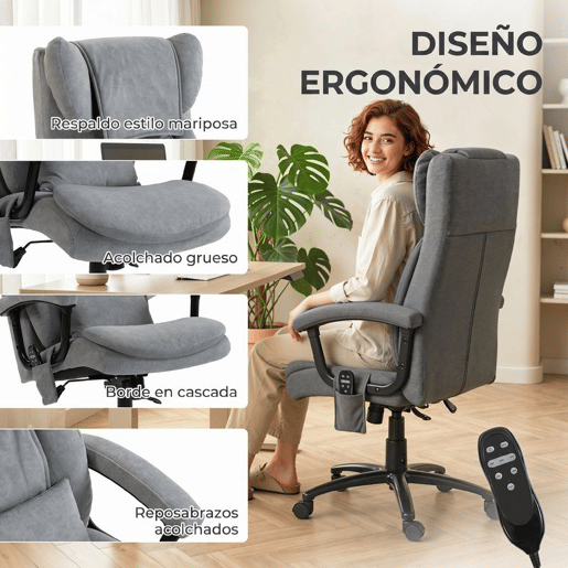 HOMCOM Cadeira de Escritório com Massagem de Amassamento em 4 Pontos, Encosto Alto, Altura Ajustável, Assento Amplo, Almofada Lombar, Balanço, Estofada em Veludo, Cinzento