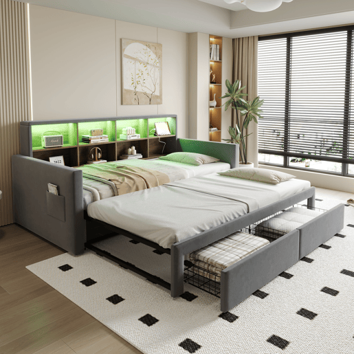 Sofá-cama extensível 90180x190 cm - Cabeceira com arrumação, LED, tomadas, 2 gavetas - Cinza escuro