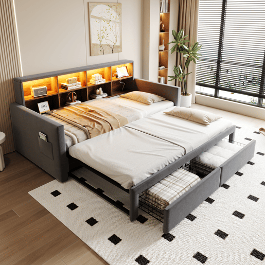 Sofá-cama extensível 90180x190 cm - Cabeceira com arrumação, LED, tomadas, 2 gavetas - Cinza escuro