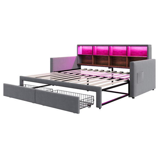 Sofá-cama extensível 90180x190 cm - Cabeceira com arrumação, LED, tomadas, 2 gavetas - Cinza escuro