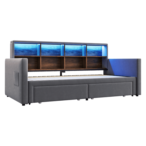 Sofá-cama extensível 90180x190 cm - Cabeceira com arrumação, LED, tomadas, 2 gavetas - Cinza escuro