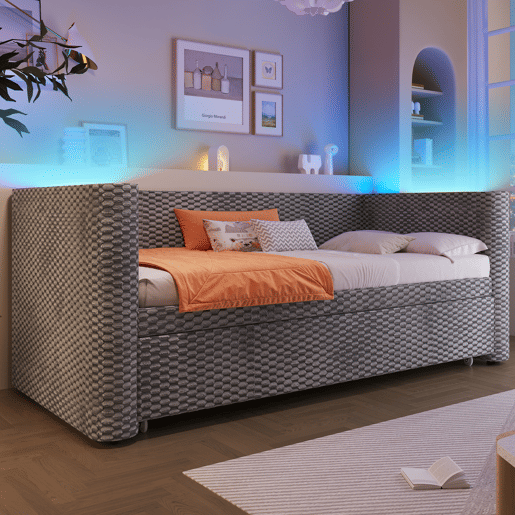 Sofá-cama 90x200 cm - Design multifuncional com fitas LED, base, veludo - Cinza