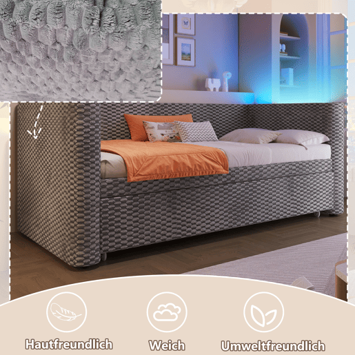 Sofá-cama 90x200 cm - Design multifuncional com fitas LED, base, veludo - Cinza