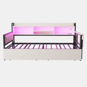Sofá-cama de ferro 90x200 cm - Com iluminação LED, arrumação, secretária dobrável - Branco