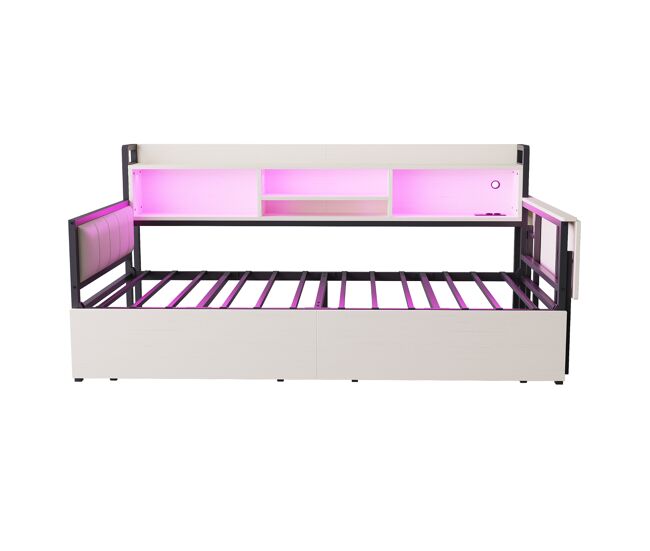 Sofá cama de hierro 90x200 cm - con iluminación led, almacenamiento, escritorio desplegable - blanco