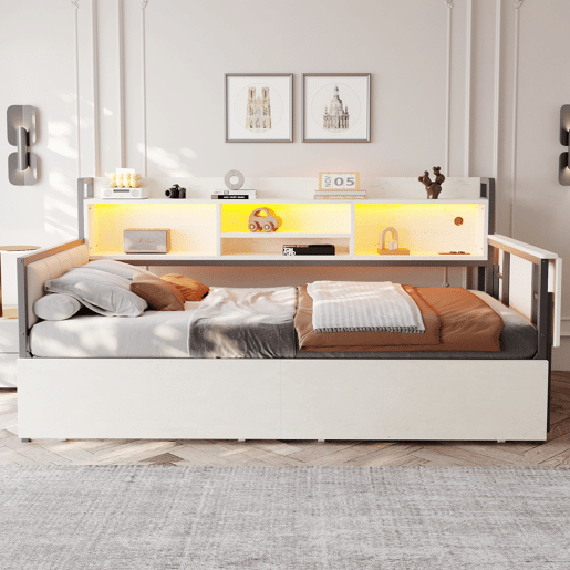 Sofá-cama de ferro 90x200 cm - Com iluminação LED, arrumação, secretária dobrável - Branco