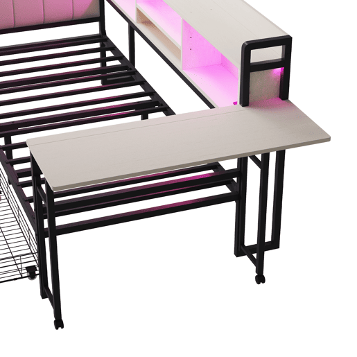 Sofá-cama de ferro 90x200 cm - Com iluminação LED, arrumação, secretária dobrável - Branco