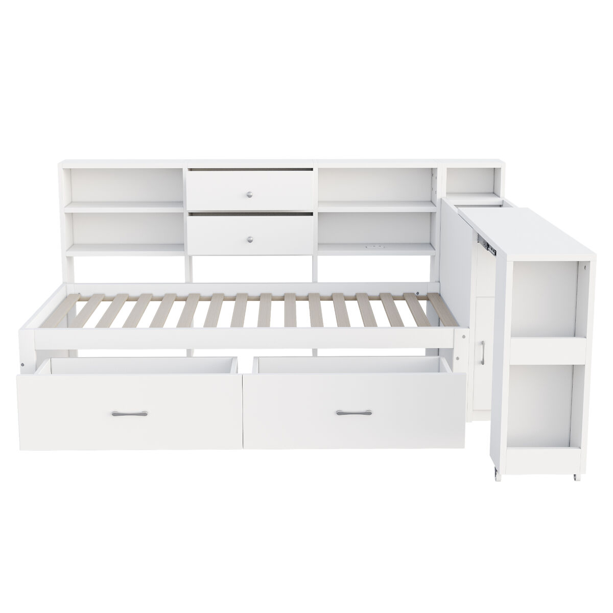 Sofá cama de madera 90x200 cm - almacenamiento multifuncional, estantes, 2 cajones, mesa extensible - blanco