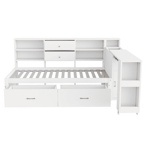 Sofá-cama de madeira 90x200 cm - arrumação multifuncional, prateleiras, 2 gavetas, mesa extensível - branco