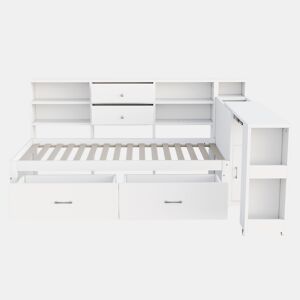 Sofá-cama de madeira 90x200 cm - arrumação multifuncional, prateleiras, 2 gavetas, mesa extensível - branco