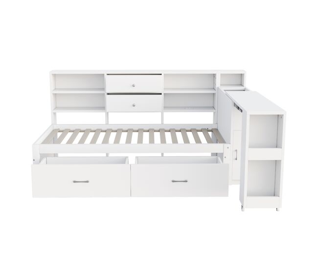 Sofá cama de madera 90x200 cm - almacenamiento multifuncional, estantes, 2 cajones, mesa extensible - blanco