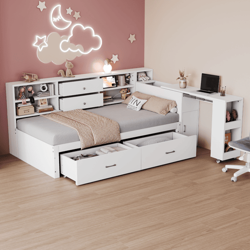 Sofá-cama de madeira 90x200 cm - arrumação multifuncional, prateleiras, 2 gavetas, mesa extensível - branco