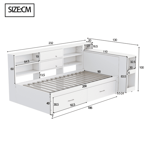 Sofá-cama de madeira 90x200 cm - arrumação multifuncional, prateleiras, 2 gavetas, mesa extensível - branco