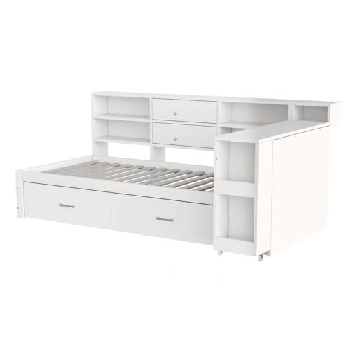 Sofá-cama de madeira 90x200 cm - arrumação multifuncional, prateleiras, 2 gavetas, mesa extensível - branco