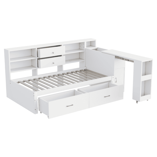 Sofá-cama de madeira 90x200 cm - arrumação multifuncional, prateleiras, 2 gavetas, mesa extensível - branco