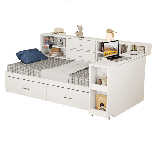 Sofá-cama de madeira 90x200 cm - arrumação multifuncional, prateleiras, 2 gavetas, mesa extensível - branco