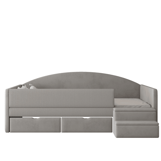 Cama multifuncional 90x190 cm - Com duas gavetas, barreiras, degraus, tecido macio - Cinza claro Cama multifuncional 90x190 cm - Com duas gavetas, barreiras, degraus, tecido macio - Cinza claro