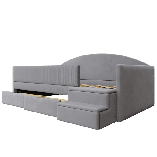 Cama multifuncional 90x190 cm - Com duas gavetas, barreiras, degraus, tecido macio - Cinza claro Cama multifuncional 90x190 cm - Com duas gavetas, barreiras, degraus, tecido macio - Cinza claro