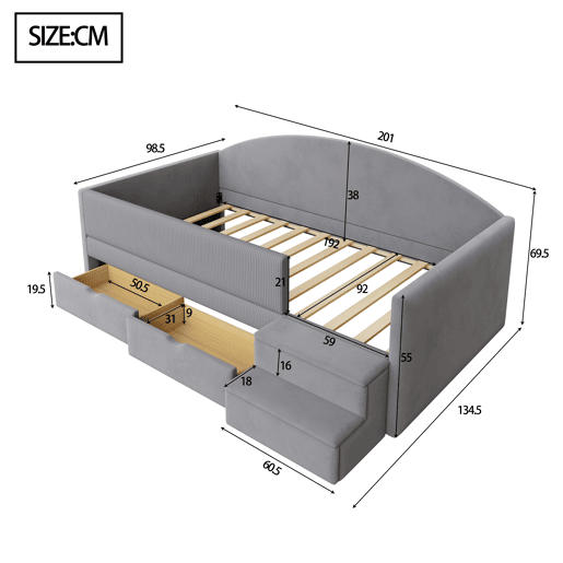 Cama multifuncional 90x190 cm - Com duas gavetas, barreiras, degraus, tecido macio - Cinza claro Cama multifuncional 90x190 cm - Com duas gavetas, barreiras, degraus, tecido macio - Cinza claro