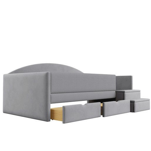 Cama multifuncional 90x190 cm - Com duas gavetas, barreiras, degraus, tecido macio - Cinza claro Cama multifuncional 90x190 cm - Com duas gavetas, barreiras, degraus, tecido macio - Cinza claro